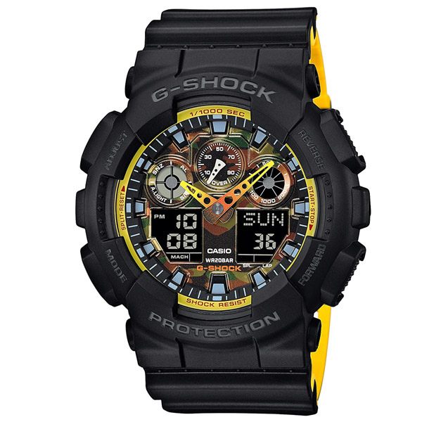 CASIO G-SHOCK 重型戰艦雙顯運動錶-黑x黃-GA-100BY-1ADR