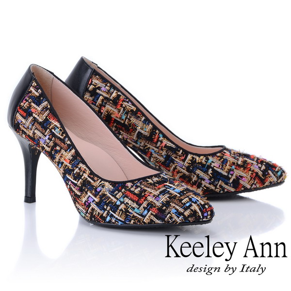 Keeley Ann年代風華~繽紛布拼接風真皮軟墊高跟鞋(黑色875157110-Ann系列)