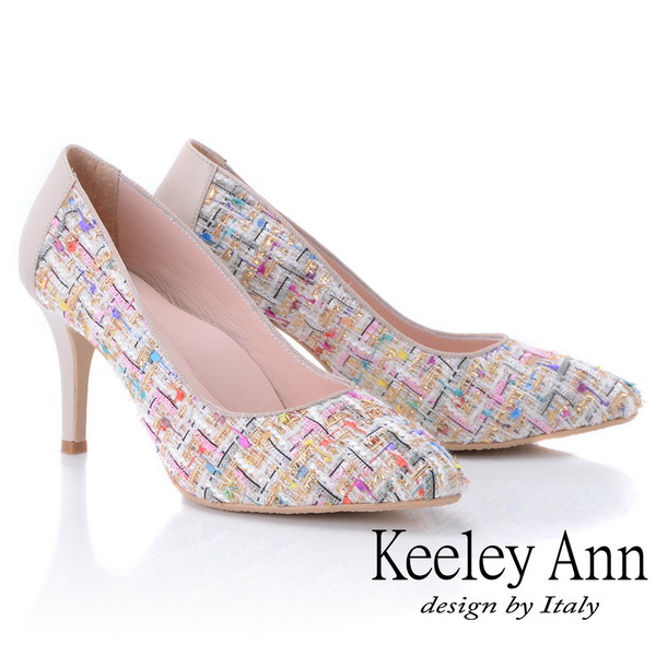 Keeley Ann年代風華~繽紛布拼接風真皮軟墊高跟鞋(米色875157130-Ann系列)