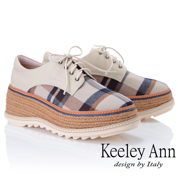 Keeley Ann簡約百搭~英格蘭風格紋厚底綁帶真皮休閒鞋(米色875542130-Ann系列)