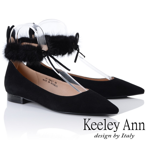 Keeley Ann氣質甜美~毛絨兔耳腳踝綁帶全真皮平底鞋(黑色875602110-Ann系列)