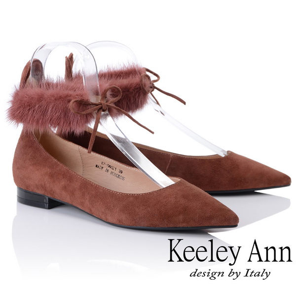 Keeley Ann氣質甜美~毛絨兔耳腳踝綁帶全真皮平底鞋(豆沙色875602177-Ann系列)