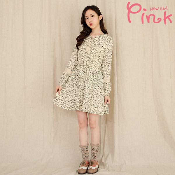 【Pink】森林系印花洋裝(米白) G2115AD
