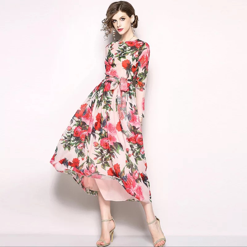 Olivia奧莉精品 異國風情大印花腰間綁帶洋裝 S~2XL 蕾絲 洋裝 連身裙 禮服 伴娘服 媽媽裝