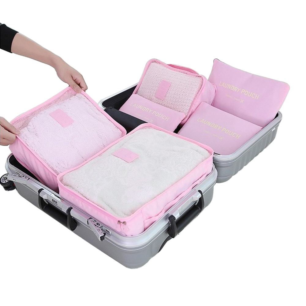 PUSH!旅遊用品旅行收納袋六件套行李箱衣物整理收納包套裝6件套粉紅S56-1