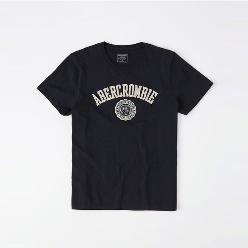 A&F麋鹿Abercrombie&Fitch 經典刺繡文字徽章設計短袖T恤-深藍色 123-238-2293-200