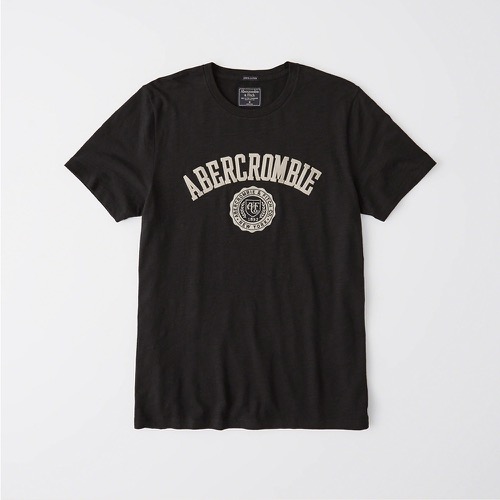 A&F麋鹿Abercrombie&Fitch 經典刺繡文字徽章設計短袖T恤-深藍色 123-238-2408-900