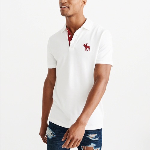A&F麋鹿Abercrombie&Fitch 經典刺繡大麋鹿短袖Polo衫-白色 124-227-0668-100