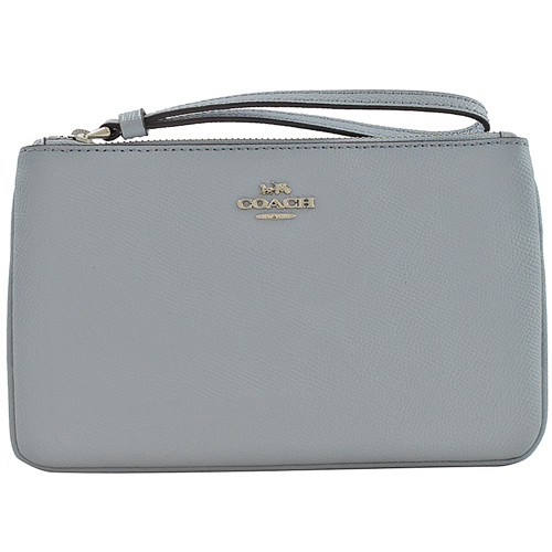 COACH 經典馬車LOGO防刮皮革寬版大手拿包.水藍