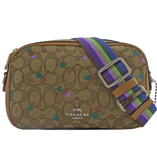 COACH 馬車LOGO櫻桃織布拼接款相機包.咖