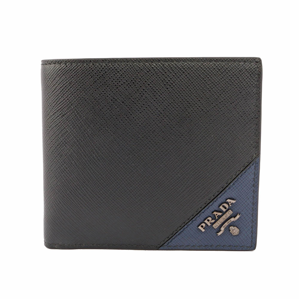 【PRADA】銀LOGO拼色零錢袋對開短夾(黑/深藍)
