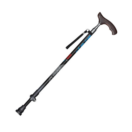 PUSH!戶外用品可伸縮拐杖老人拐杖碳纖維手杖登山杖雞翅木手柄藍色P117-1