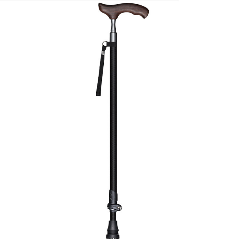 PUSH!戶外用品可伸縮拐杖老人拐杖碳纖維手杖登山杖雞翅木手柄黑色P117-2