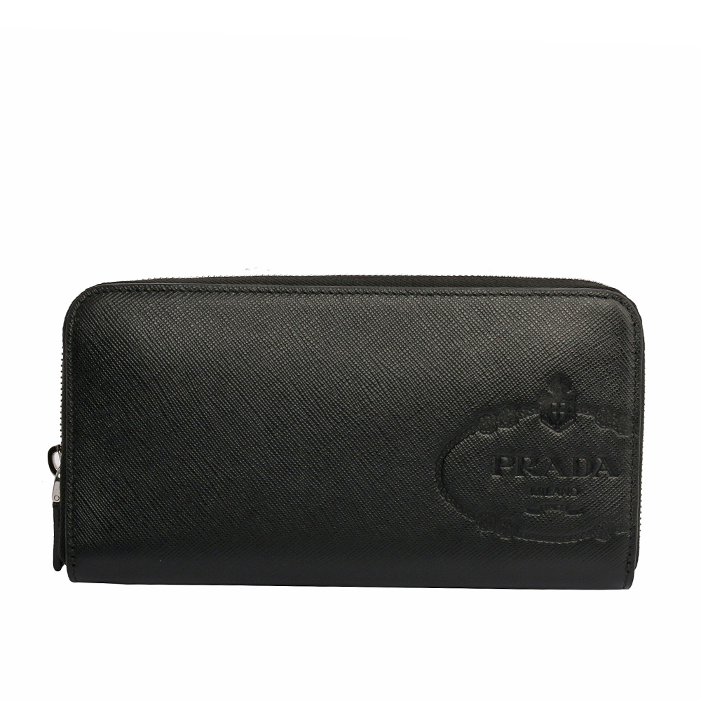 【PRADA】壓印徽章LOGO防刮牛皮ㄇ型拉鏈長夾(黑)