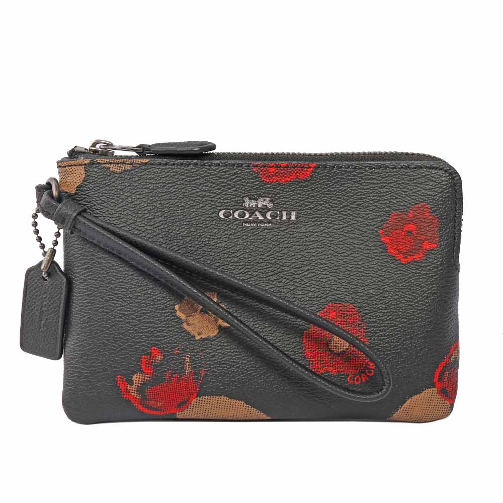 【COACH】馬車LOGO皮革L型拉鍊手拿包(黑底紅花)