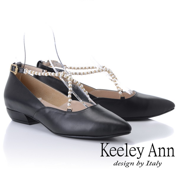 Keeley Ann氣質甜美～華麗珠寶交叉全真皮平低跟鞋(黑色885303310)