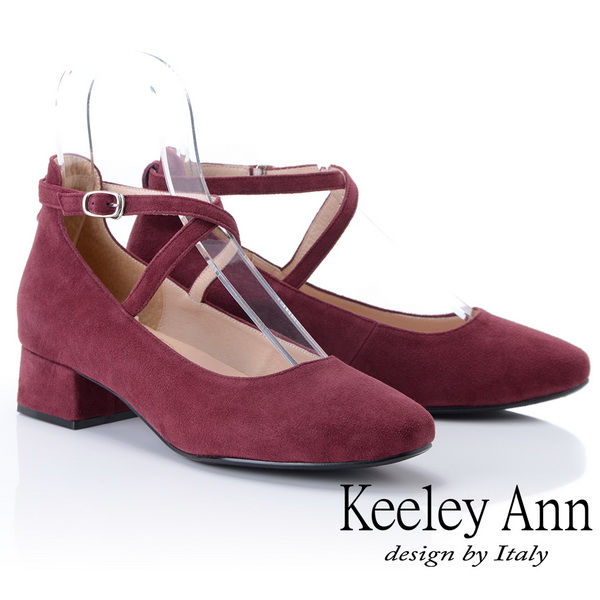 Keeley Ann氣質甜美~交叉細帶粗跟全真皮瑪莉珍鞋(酒紅色885303457)