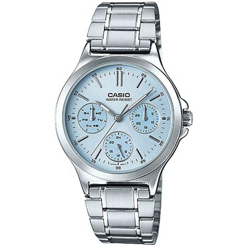 CASIO 優雅時尚三眼全月曆女錶-水藍(LTP-V300D-2A)