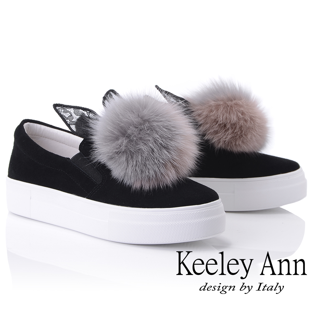 Keeley Ann甜美氣息~雙色毛絨絨兔子造型全真皮休閒鞋(黑色876832410-Ann系列)