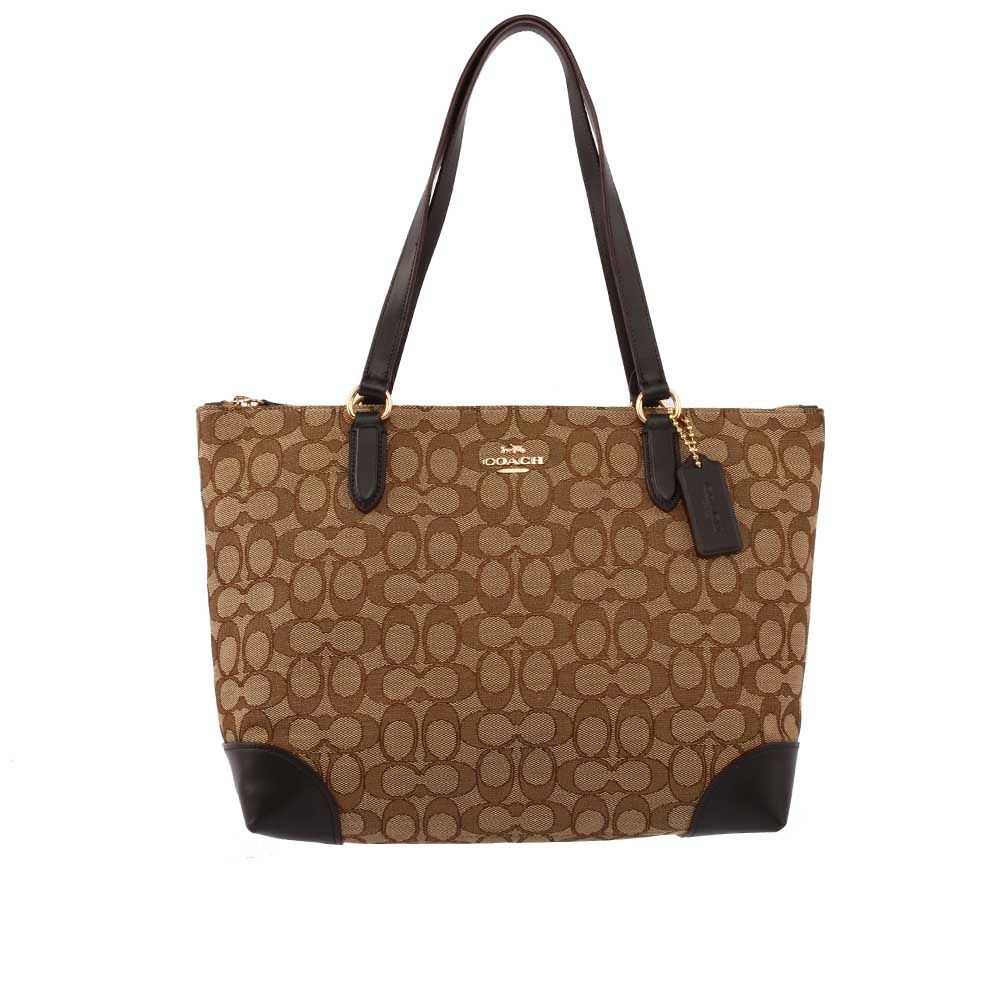 【COACH】LOGO緹花布肩背包(咖啡)