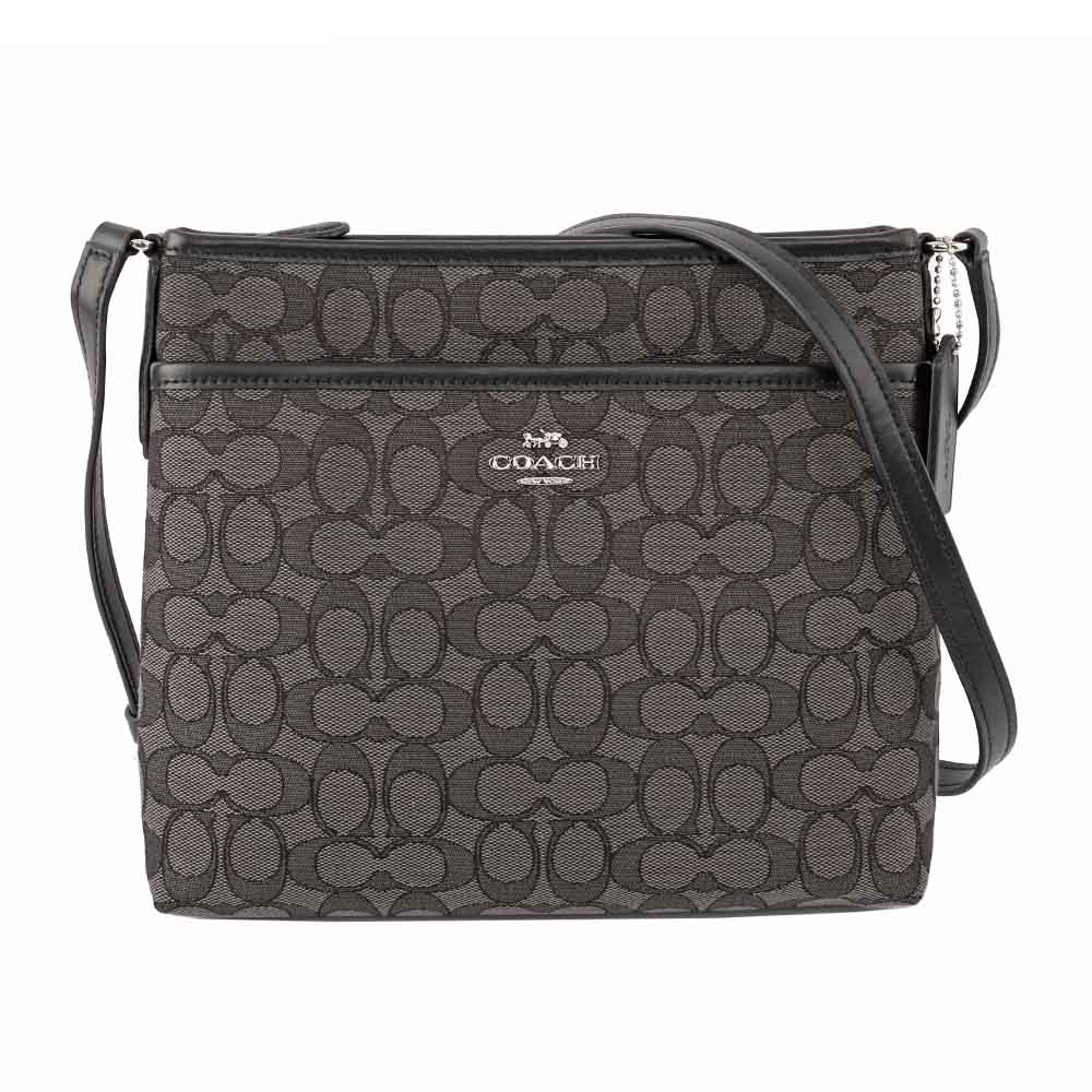 【COACH】緹花 LOGO斜背包(薄款)(黑灰)