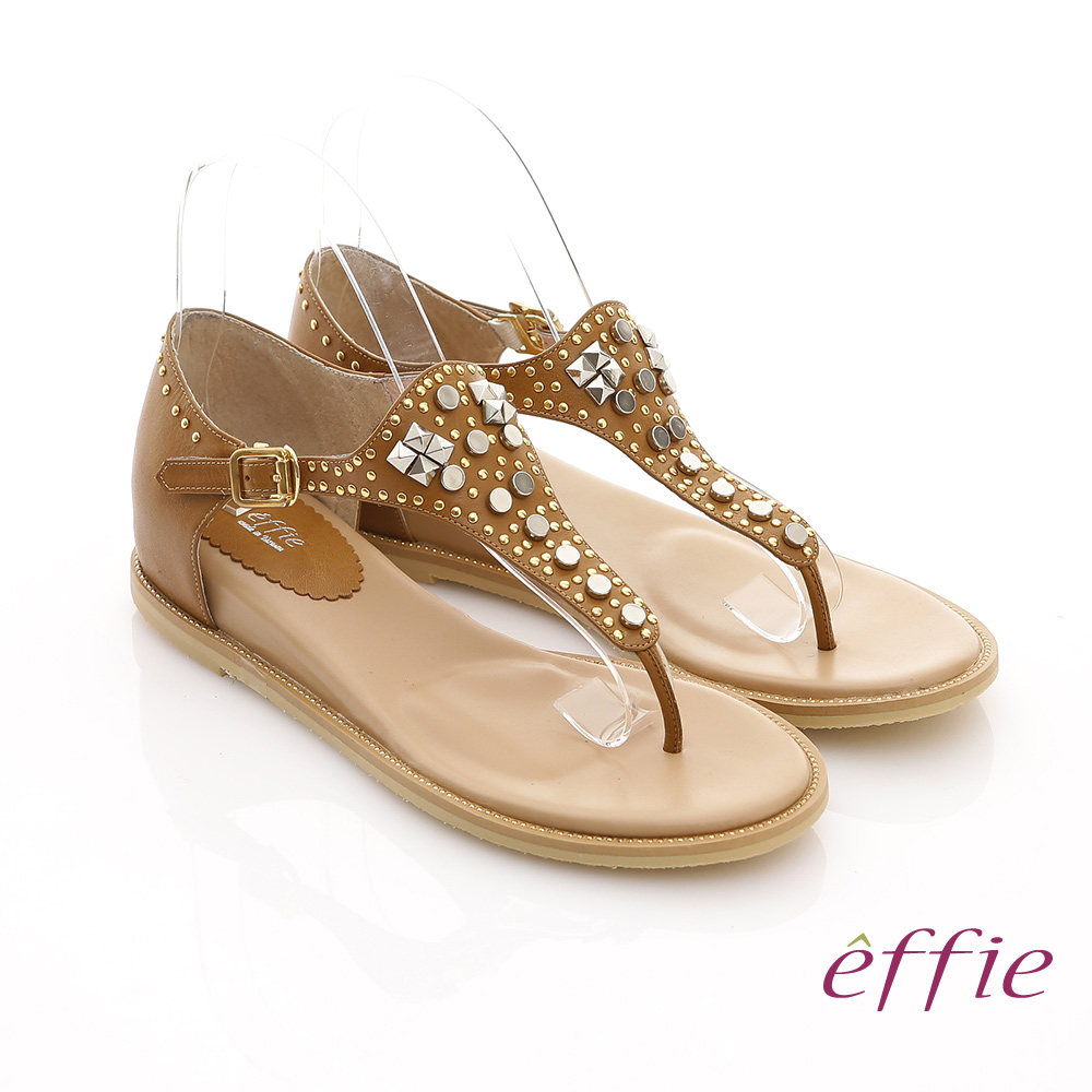 effie 美型夾芯 真皮金屬鉚釘T字涼鞋(土黃)