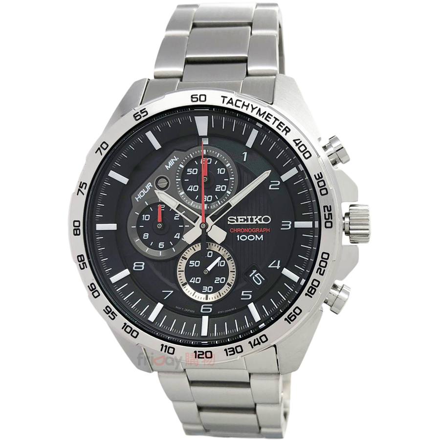 SEIKO 手錶 精工表 SSB319P1 三眼競速 黑面日期 紅色計時指針鋼帶 男錶