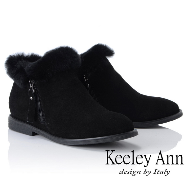Keeley Ann俏皮甜心~絨毛滾邊側拉鍊短靴(黑色877847110-Ann系列)