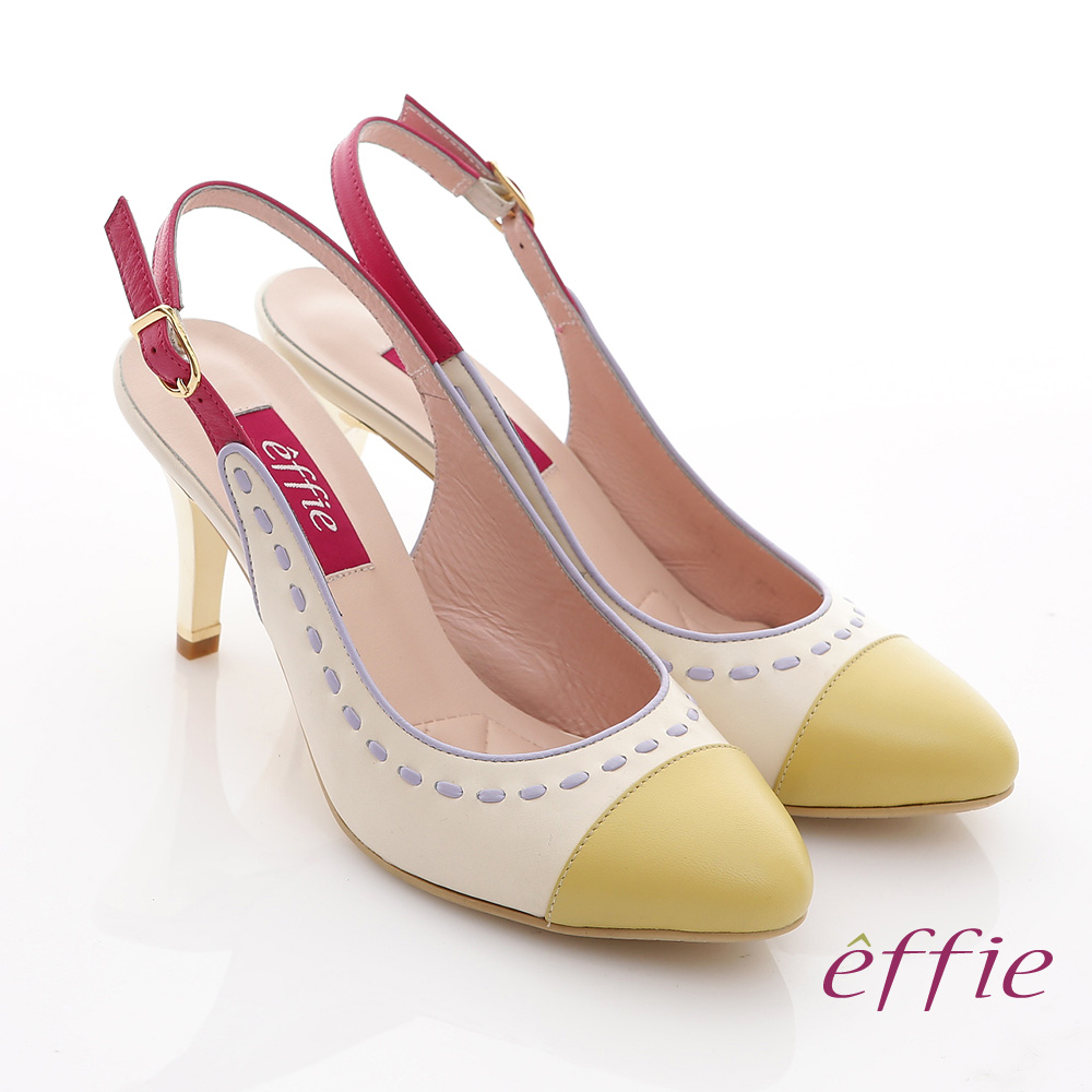 effie 軟芯系列 全真皮雙色拼接車縫線金屬細高跟鞋(正黃)