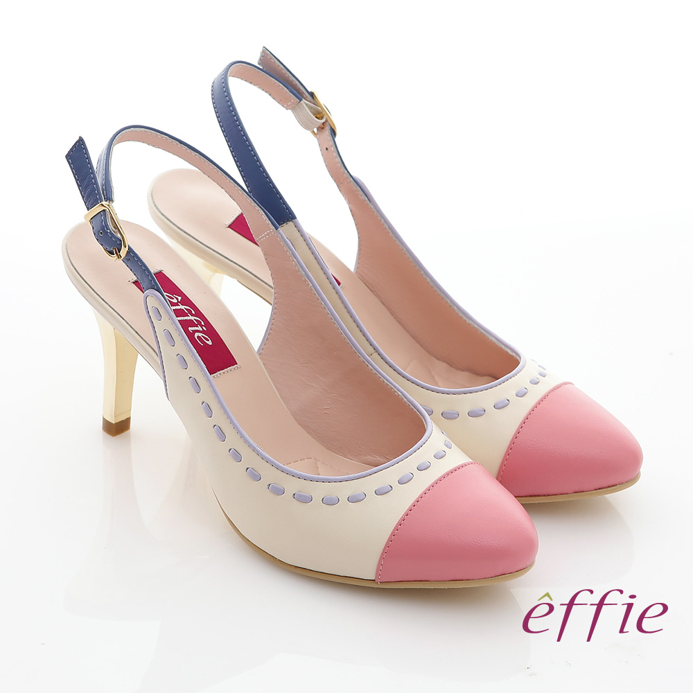 effie 軟芯系列 全真皮雙色拼接車縫線金屬細高跟鞋(粉紅)