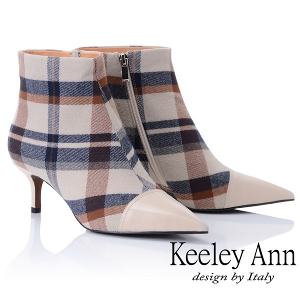 Keeley Ann率性街頭~經典格紋拼接尖頭細跟靴(米色877857130-Ann系列)