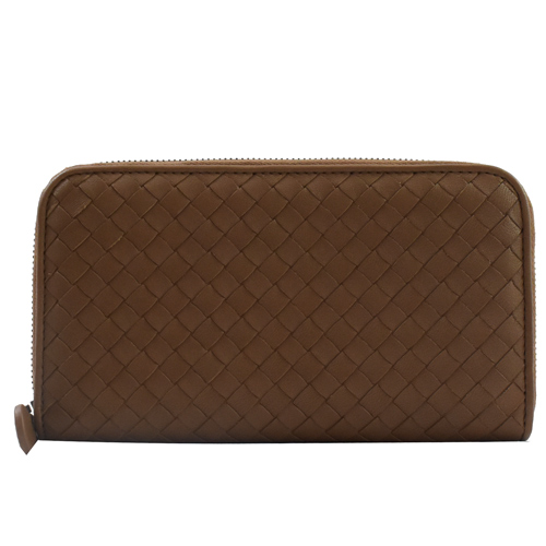 BOTTEGA VENETA 經典編織小牛皮拉鍊長夾.咖色