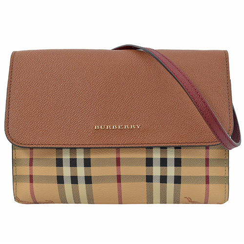 BURBERRY Haymarket 戰馬格紋斜背包.咖邊