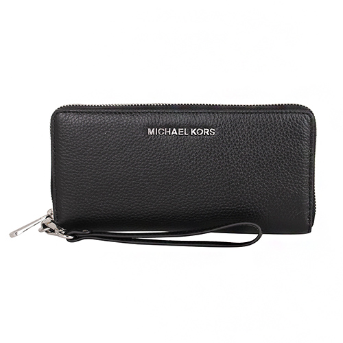MICHAEL KORS- 銀字logo荔枝紋皮革拉鍊掛帶長夾/黑