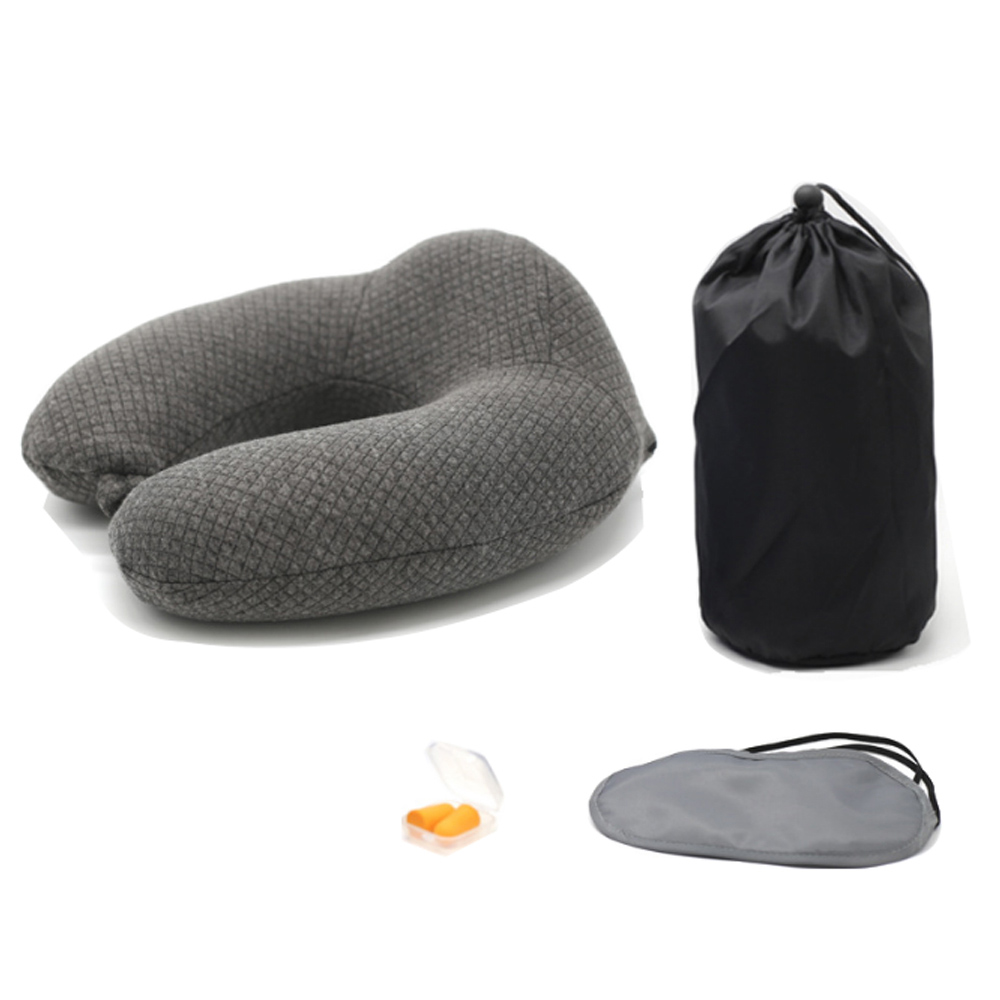 PUSH!旅遊用品U型枕慢回彈記憶棉飛機枕旅行枕午休枕頭枕記憶枕(套裝)灰色S62-1