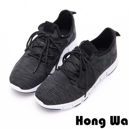Hong Wa 簡約素色運動休閒綁帶編織布鞋-黑