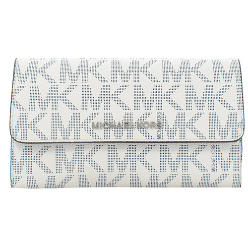MICHAEL KORS 銀字滿版LOGO PVC三折扣式零錢長夾.藍白