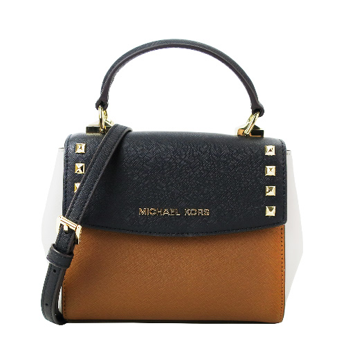 MICHAEL KORS 防刮牛皮鉚釘翻蓋手提/斜背包(迷你/黑棕X白)