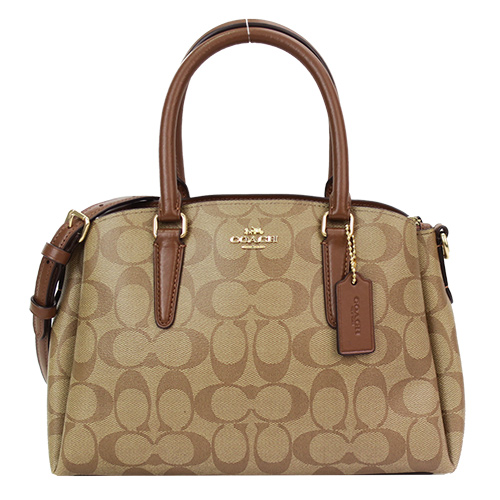 COACH 馬車 C LOGO 防刮皮革三層鍊帶兩用黛妃包(小/卡其焦糖)