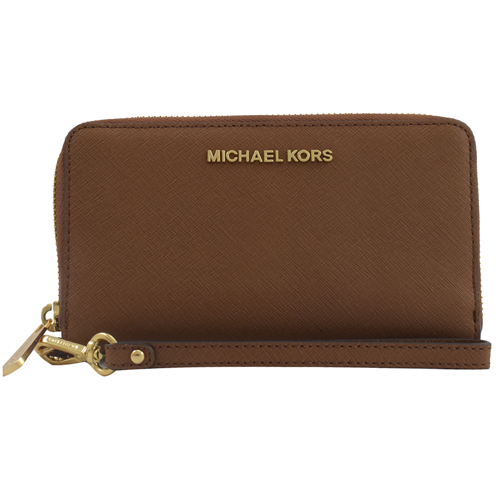 MICHAEL KORS JET SET金字LOGO手提式拉鍊中長夾.咖