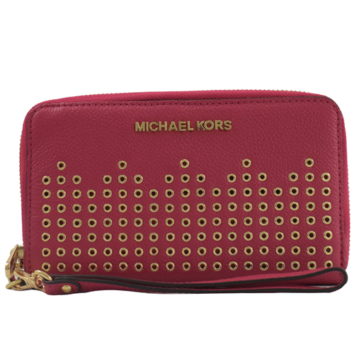 MICHAEL KORS HAYES 金字鉚釘手提式拉鍊中長夾.桃紅