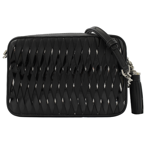 MICHAEL KORS 新款 Ginny Woven 編織漆皮斜背鍊包.黑