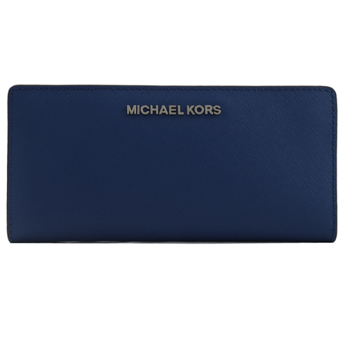 MICHAEL KORS JET SET 金字LOGO雙色對折扣式長夾.深藍