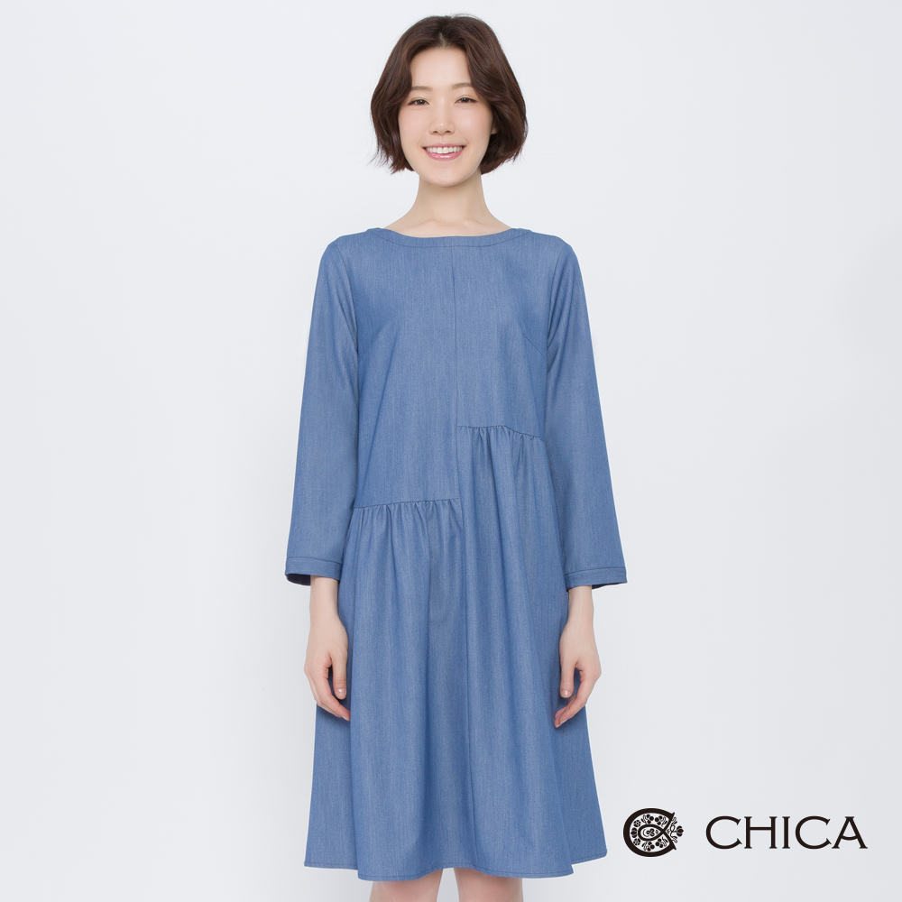 CHICA 甜美叛逆不對稱拼接丹寧洋裝(2色)
