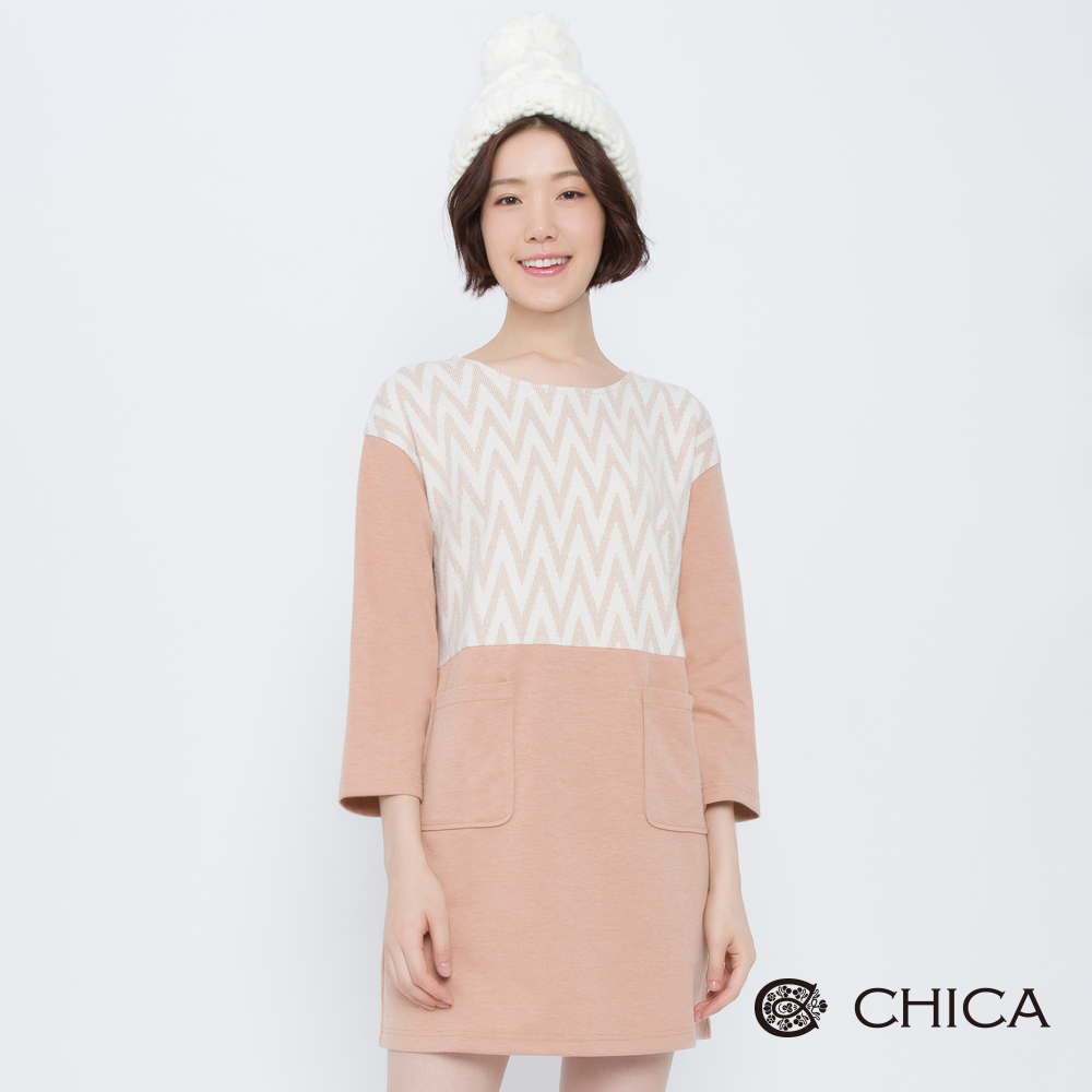 CHICA 冬日氣息幾何拼接口袋洋裝(2色)