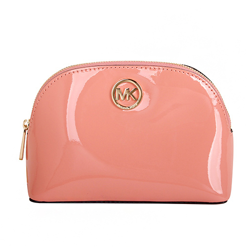 MICHAEL KORS- 小圓金LOGO漆皮拉鍊貝殼化妝包(蜜桃色)/小