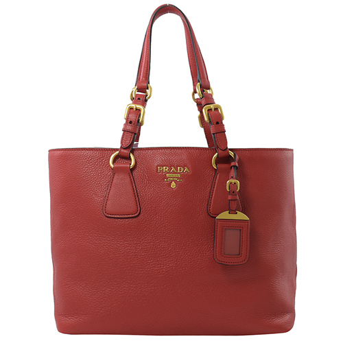 PRADA 經典浮雕LOGO荔枝皮革肩背托特包.紅