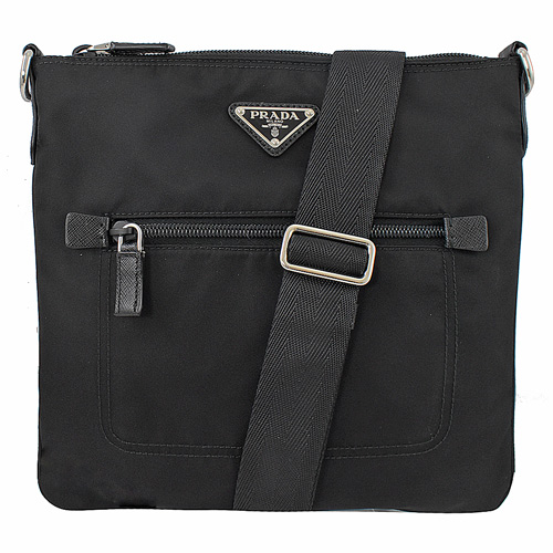 PRADA 三角LOGO尼龍帆布皮飾邊斜背扁包.黑