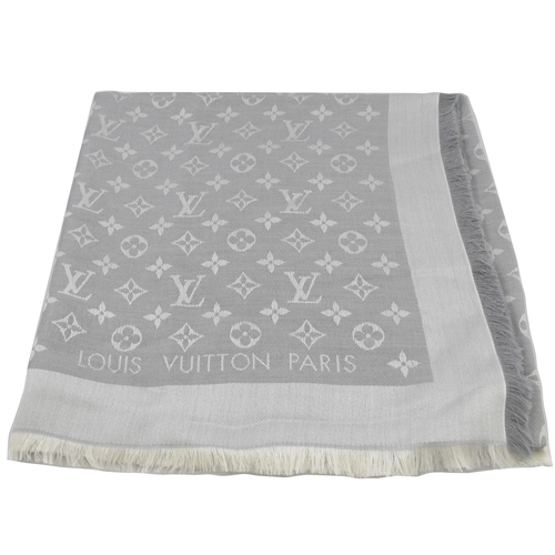 Louis Vuitton LV Monogram Denim 經典花紋羊毛絲綢披肩圍巾.珍珠灰_現貨