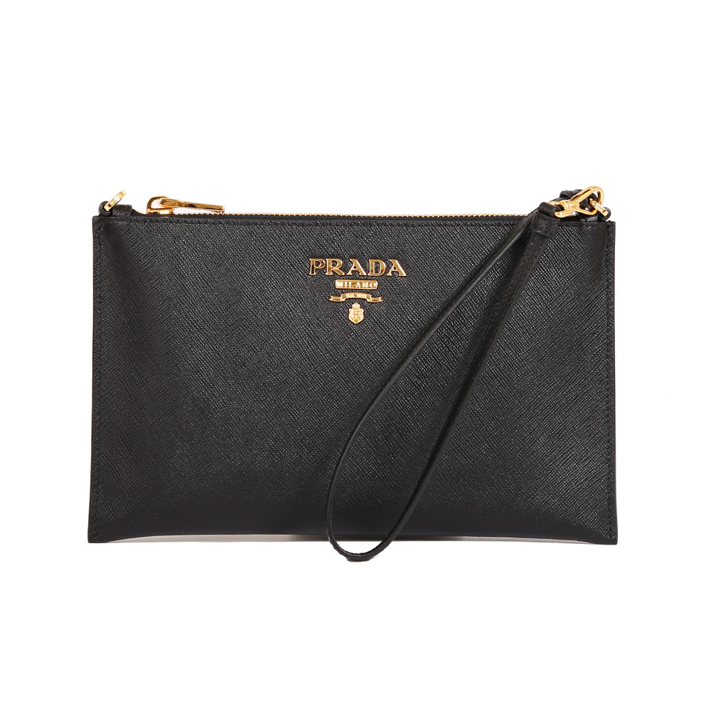 PRADA 防刮皮革浮雕金屬LOGO小型手提手拿萬用包(黑)